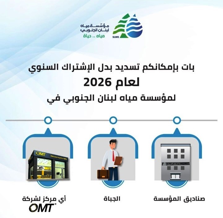 "مياه لبنان الجنوبي" تعلن عن رسوم 2026.. وتسهيلات وتخفيض غرامات للمتخلفين عن الدفع